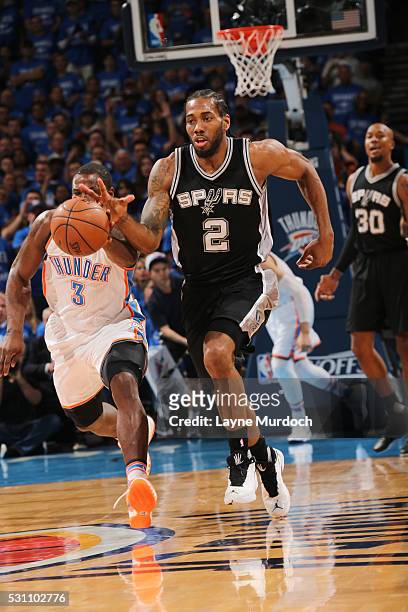 Kawhi Leonard of the San Antonio Spurs handles the ball against the Oklahoma City Thunder in Game Six of Western Conference Quarterfinals of the 2016...