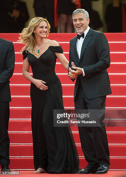 Julia Roberts and George Clooney attend the screening of "Money Monster" at the annual 69th Cannes Film Festival at Palais des Festivals on May 12,...