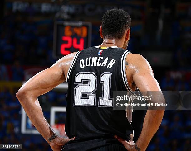 Tim Duncan of the San Antonio Spurs looks on during the game against the Oklahoma City Thunder in Game Six of the Western Conference Semifinals...