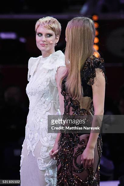 Kim Hnizdo and Elena Carriere during the finals of 'Germany's Next Topmodel' at Coliseo Balear on May 12, 2016 in Palma de Mallorca, Spain.