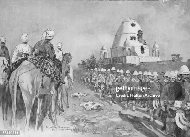 British troops march past the Mahdi's tomb at Omdurman in the Sudan, after their victory in the Battle of Omdurman on 2nd September 1898. The tomb...