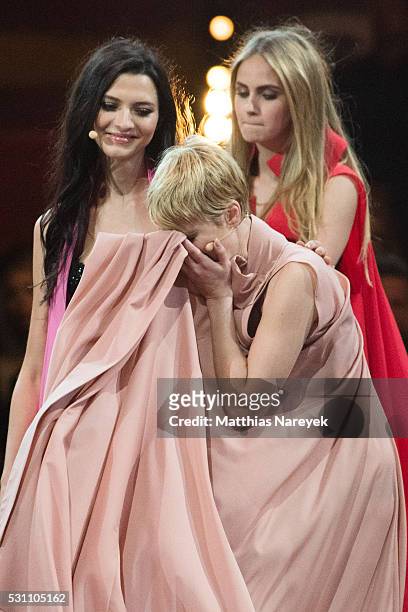 Kim Hnizdo, Fata Hasanovic and Elena Carriere during the finals of 'Germany's Next Topmodel' at Coliseo Balear on May 12, 2016 in Palma de Mallorca,...