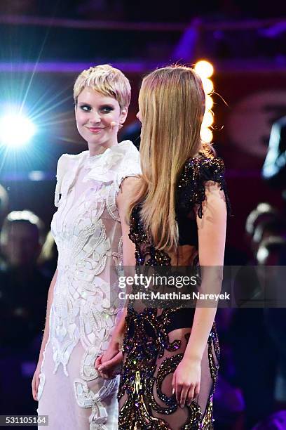 Kim Hnizdo and Elena Carriere during the finals of 'Germany's Next Topmodel' at Coliseo Balear on May 12, 2016 in Palma de Mallorca, Spain.