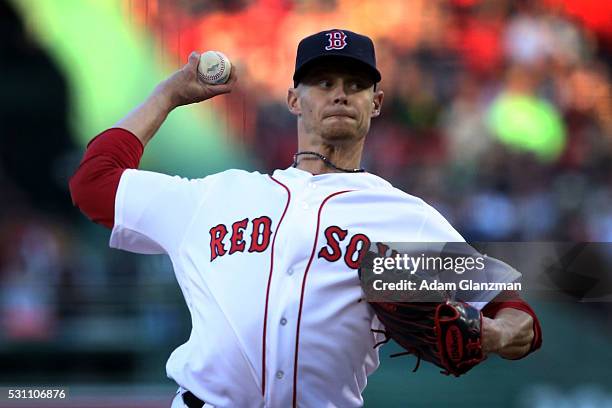 Clay Buchholz of the Boston Red Sox delivers in the first inning during the game against the Oakland Athletics at Fenway Park on May 9, 2016 in...