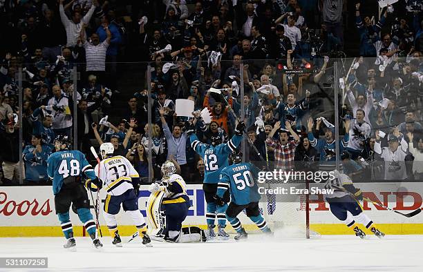 Joel Ward of the San Jose Sharks celebrates after he scored a goal on Pekka Rinne of the Nashville Predators in the first period of Game Seven of the...