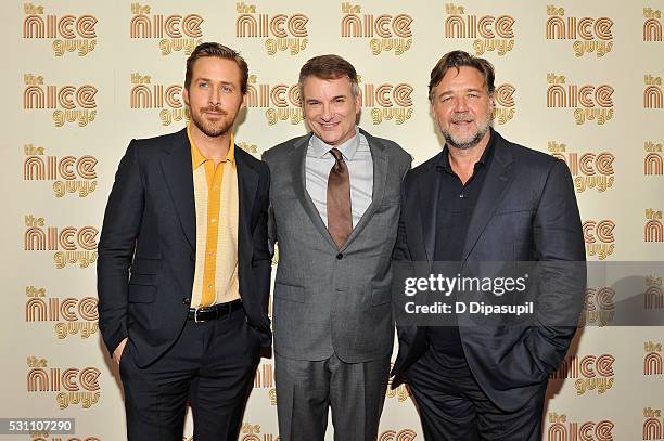 Ryan Gosling, writer/director Shane Black, and Russell Crowe attend "The Nice Guys" New York screening at Metrograph on May 12, 2016 in New York City.