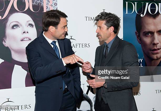 President of TAG Heuer Kilian Muller and actor Patrick Demsey attend Timecrafters opening night at Park Avenue Armory on May 12, 2016 in New York...