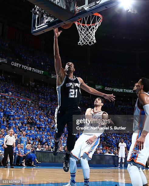 Tim Duncan of the San Antonio Spurs shoots a layup against the Oklahoma City Thunder in Game Six of the Western Conference Semifinals during the 2016...