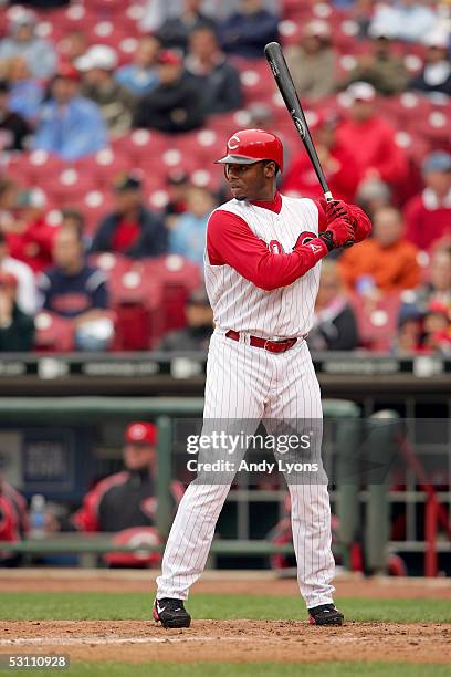 Ken Griffey Jr. #30 of the Cincinnati Reds bats against the Pittsburgh Pirates during their game on April 21, 2005 at Great American Ballpark in...