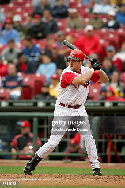 Sean Casey of the Cincinnati Reds bats against the Pittsburgh Pirates during their game on April 21, 2005 at Great American Ballpark in Cincinnati,...