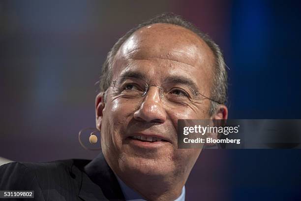 Felipe Calderon, former president of Mexico, smiles during the Skybridge Alternatives conference in Las Vegas, Nevada, U.S., on Thursday, May 12,...