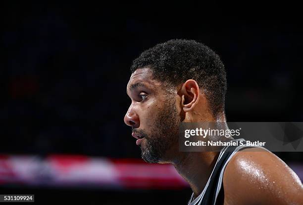 Tim Duncan of the San Antonio Spurs looks on during the game against the Oklahoma City Thunder in Game Six of the Western Conference Semifinals...