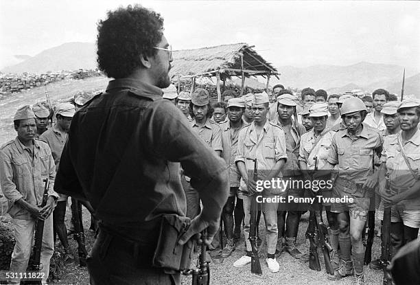 Jose Ramos-Horta age 25 talks to and encourages Fretilin freedom fighters in the remote mountains of East Timor between Lesbos and Maliana 4th...