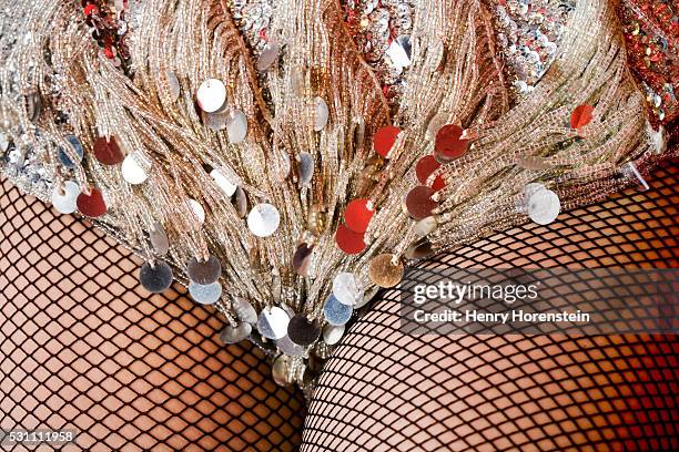 fishnet stockings and sequined fringe on burlesque dancer's outfit - netzstrumpf stock-fotos und bilder
