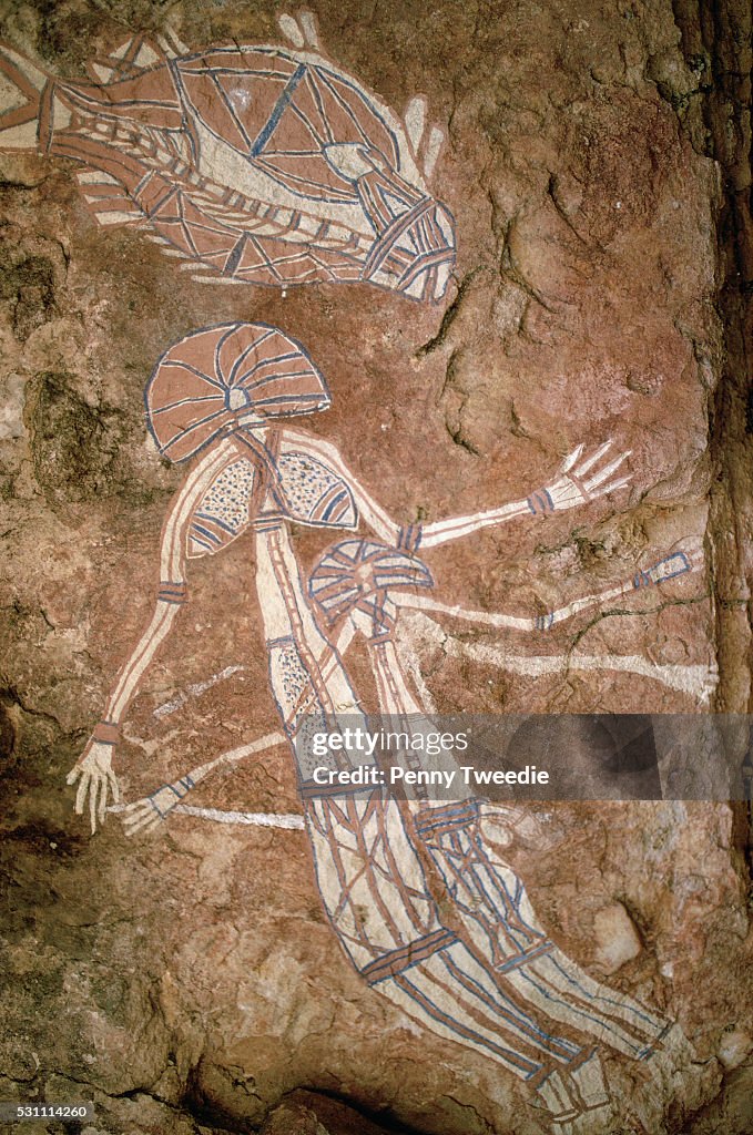 Aboriginal Rock Paintings of Barramundi Fish and Dreamtime Figures
