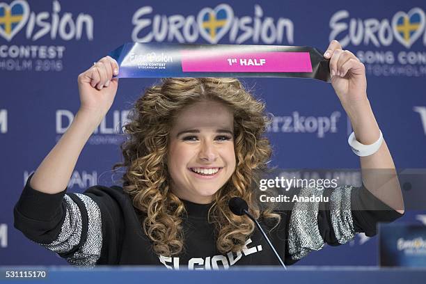 Finalist of the 2016 Eurovision Song Contest Belgian singer Laura Tesoro attends a press conference in Stockholm, Sweden on May 12, 2016.