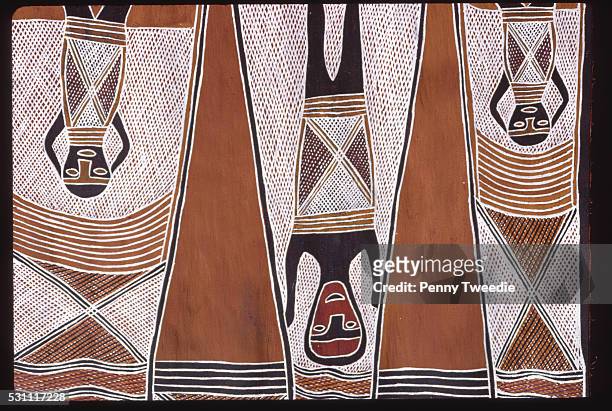 An Australian Aboriginal painting on baua paua bark features dreamtime figures. | Located in: Arnhem Land.