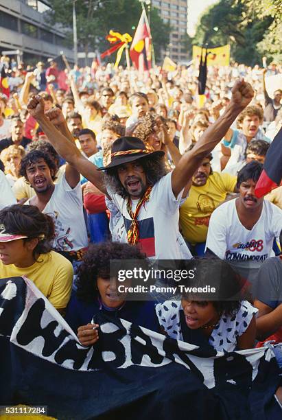 Crowd demonstrates for Aboriginal rights at the Australian bicentennial celebrations. Sydney, New South Wales, Australia. January 26, 1988.