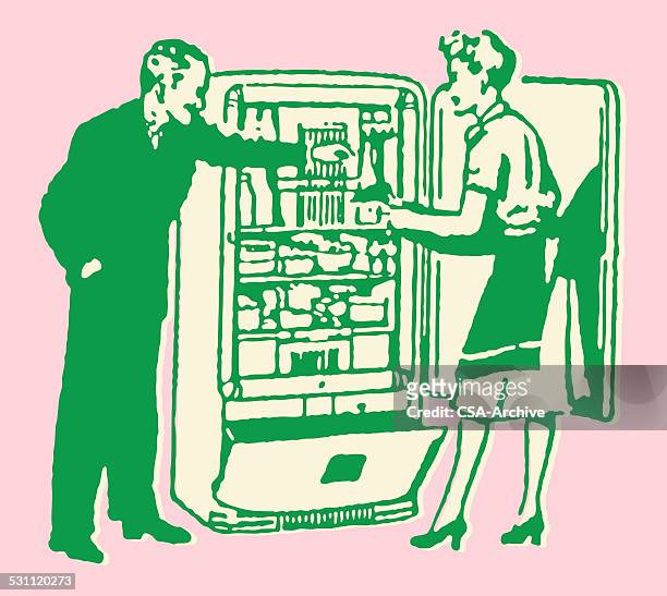 verkäufer mit frau am offenen kühlschrank - full fridge stock-grafiken, -clipart, -cartoons und -symbole