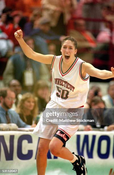 University of Connecticut Huskies star center Rebecca Lobo exults as her team defeats the University of Tennessee Lady Vols to win the NCAA Womens...