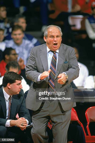 Rollie Massimino Head coach of the Villanova University Wildcats shouts and gestures during a game in the 1989-1990 season.