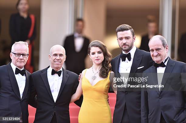 Thierry Fremaux, guest, Anna Kendric, Justin Timberlake and Pierre Lescure attend the "Cafe Society" premiere and the Opening Night Gala during the...