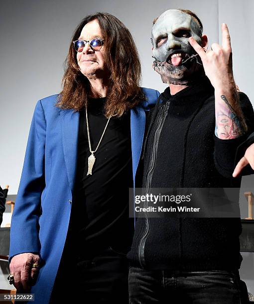 Singer Ozzy Osbourne of Black Sabbath and singer Corey Taylor of Slipknot attend the Ozzy Osbourne and Corey Taylor special announcement at the...