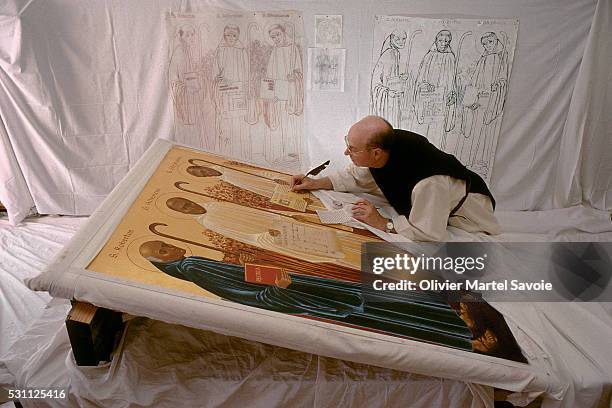 icon painting at the notre dame de la coudre abbey - coudre stock-fotos und bilder