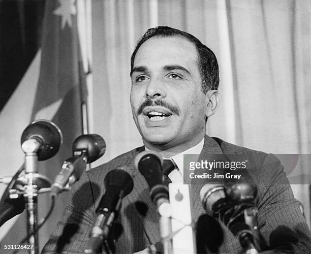 King Hussein of Jordan holds a press conference in London, 21st April 1969.