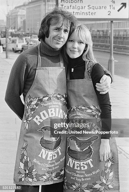 English actors Tessa Wyatt and Richard O'Sullivan, who play the characters of Vicky Nicholls and Robin Tripp in the television sitcom Robin's Nest,...