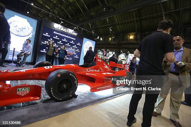 General view of the Tag Heuer booth is seen during TimeCrafters opening night preview of timepieces held at Park Avenue Armory on May 12, 2016 in New...