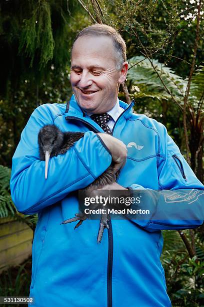 Prime Minister John Key holds 'Mighty Dash', Rainbow Springs 1,500th Kiwi chick during his visit to Ngai Tahu Tourism's Rainbow Springs on May 13,...