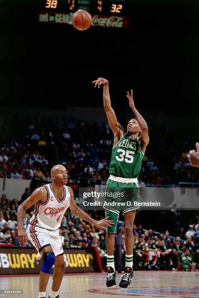 Reggie Lewis Reggie Lewis of the Boston Celtics shoots a jumpshot against the Los ...