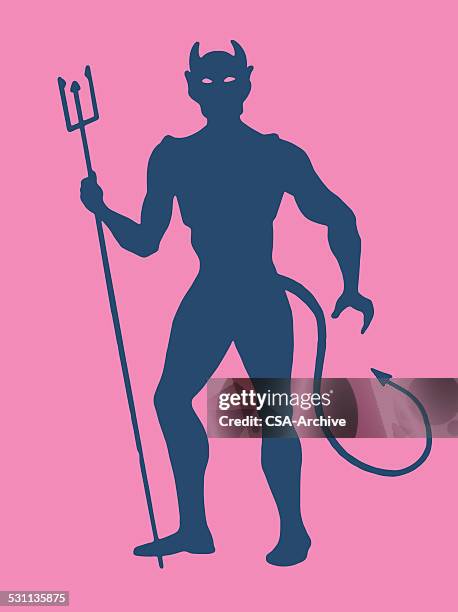 silhouette der devil holding heugabel - devil stock-grafiken, -clipart, -cartoons und -symbole