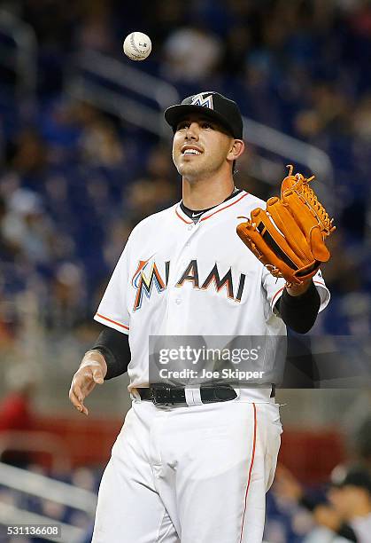 Starting pitcherJose Fernandez of the Miami Marlins pauses between pitches against the Milwaukee Brewers at Marlins Park on May 9, 2016 in Miami,...