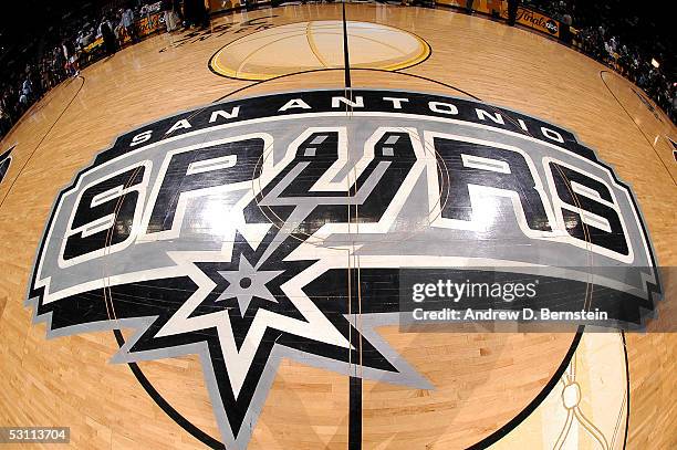 Detail of of the San Antonio Spurs finals logo is seen at center court prior to Game Six of the 2005 NBA Finals against the Detroit Pistons on June...