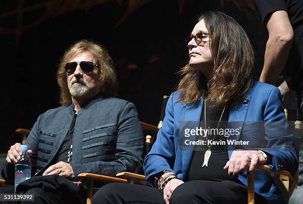 Musician Geezer Butler and singer Ozzy Osbourne of Black Sabbath attend the Ozzy Osbourne and Corey Taylor special announcement at the Hollywood...