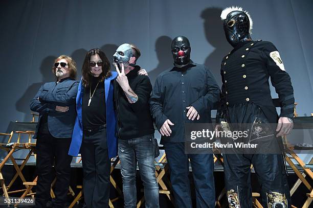 Musician Geezer Butler, singer Ozzy Osbourne of Black Sabbath, singer Corey Taylor, Shawn "Clown" Crahan and Sid Wilson of Slipknot attend the Ozzy...