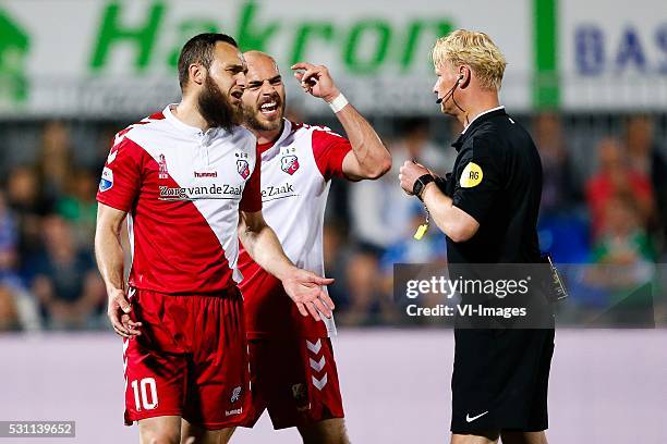 Nacer Barazite of FC Utrecht, Ruud Boymans of FC Utrecht , referee Kevin Blom during the Europa League Play-offs match between PEC Zwolle and FC...