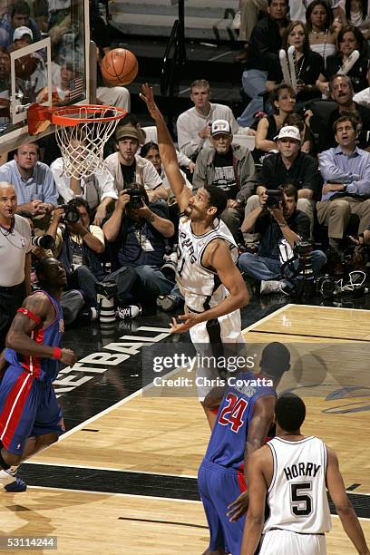 Tim Duncan of the San Antonio Spurs drives to the basket against the Detroit Pistons in Game six of the 2005 NBA Finals on June 21, 2005 at the SBS...