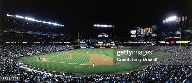 Panoramic first base side view of Safeco Field from a camera deck during a night game between the Los Angeles Angels of Anaheim and the Seattle...