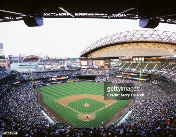 General view of Safeco Field from home plate upper deck level during a game between the Los Angeles Angels of Anaheim and the Seattle Mariners on May...