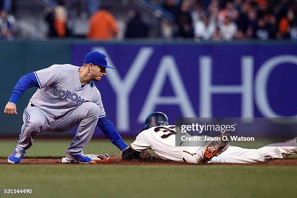 Kelby Tomlinson of the San Francisco Giants is tagged out attempting to steal second base by Troy Tulowitzki of the Toronto Blue Jays during the...