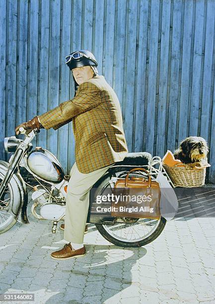 senior with little dog on a motorbike - wire haired dachshund stock pictures, royalty-free photos & images