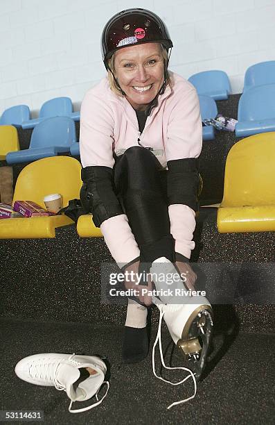 Beauty queen Belinda Green attends a training session in preparation for the new TV series "Skating On Thin Ice" at the Sydney Ice Arena on June 22,...