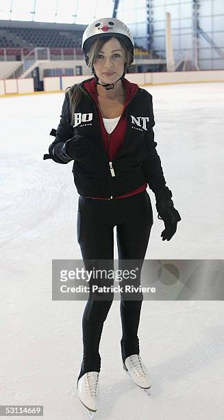Model Imogen Bailey attends a training session in preparation for the new TV series "Skating On Thin Ice" at the Sydney Ice Arena on June 22, 2005 in...
