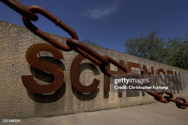 Chain hangs in front of a Schengen sign at the dock where the 1985 European Schengen Agreement was signed on May 11, 2016 in Schengen, Luxembourg....