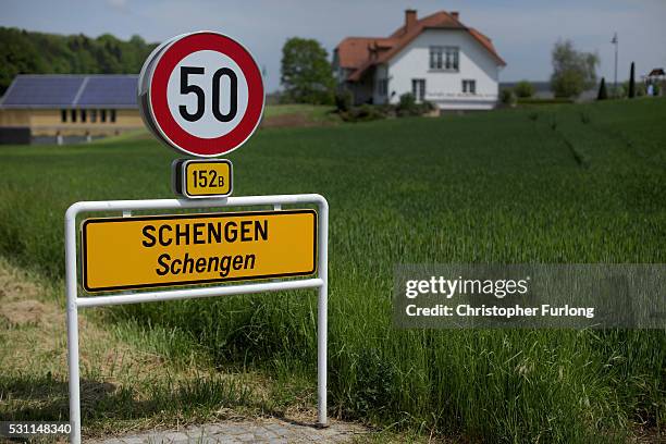 Road sign greets visitors to the town of Schengen where the 1985 European Schengen Agreement was signed on May 11, 2016 in Schengen, Luxembourg. The...