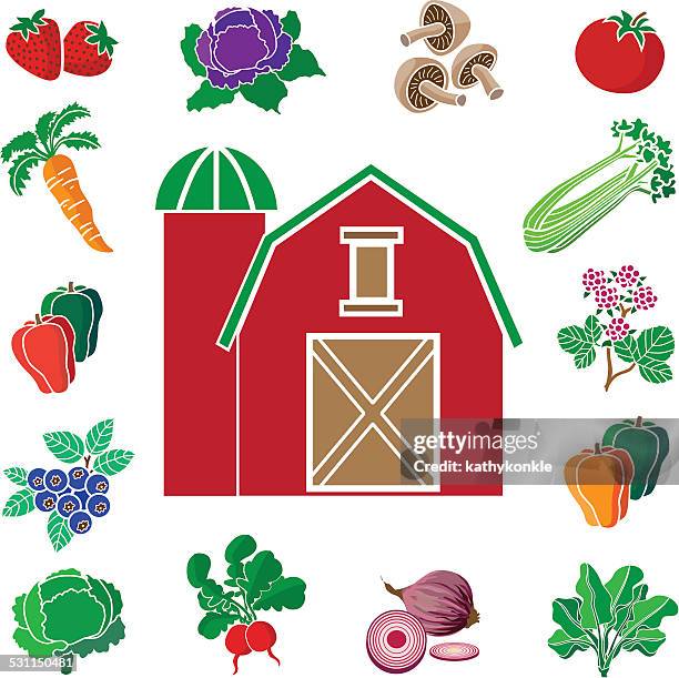 stockillustraties, clipart, cartoons en iconen met red barn with design border of produce from the farm - spaanse ui
