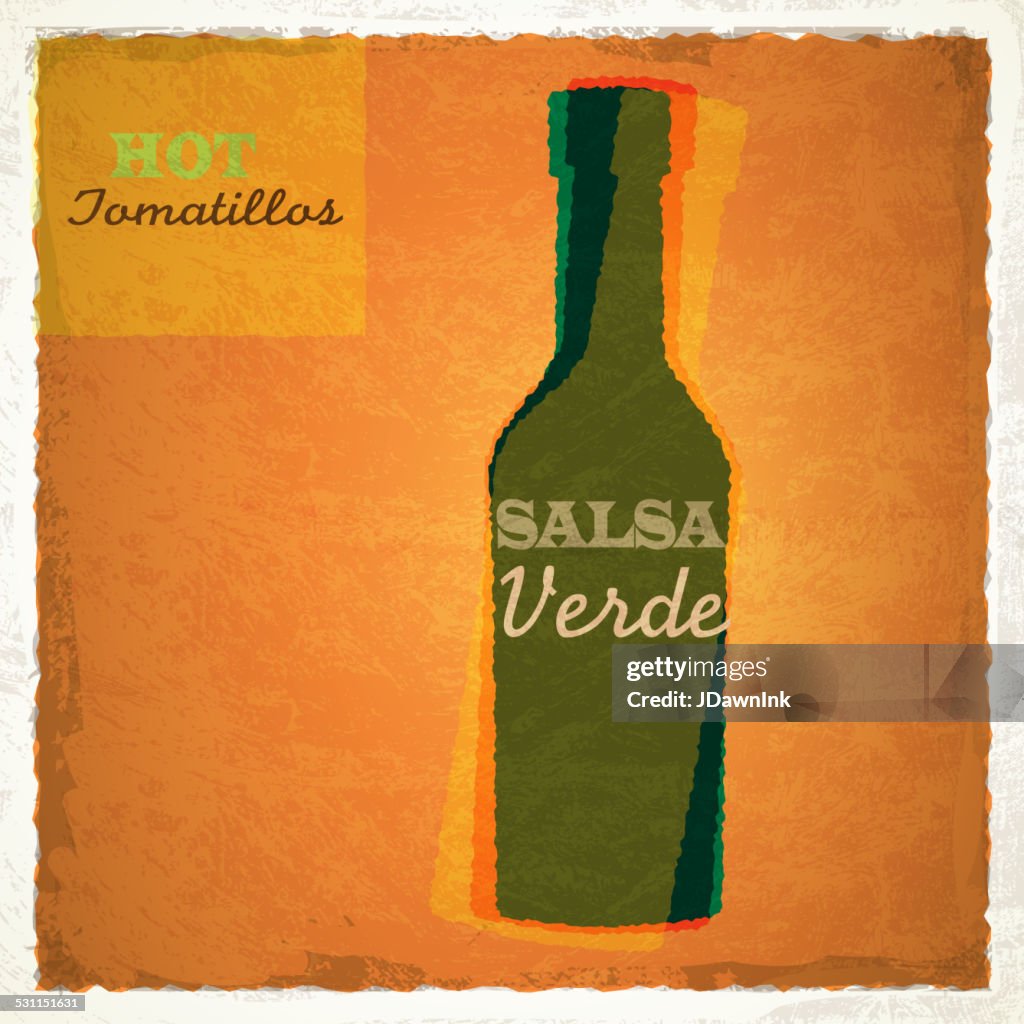 Retro bottle of Salsa Verde with green chilis
